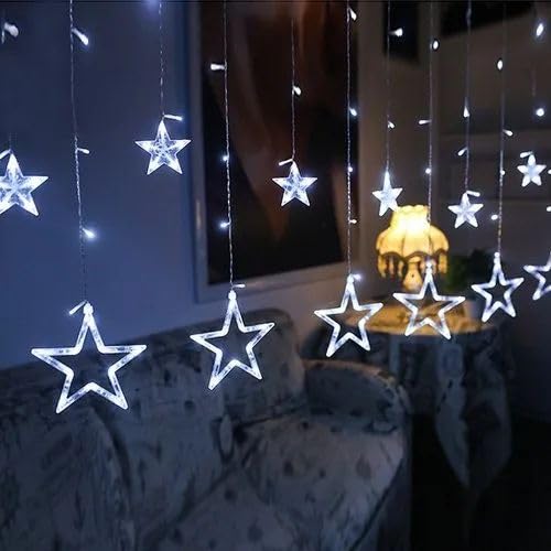 Star Curtain Lights for Bedroom - Plug-in 9ft 138 LED Fairy Twinkle Lights with 12 Star Drops, Connectable Window Lights with Remote 8 Lighting Modes for Indoor Xmas Ramadan Decoration, Warm White