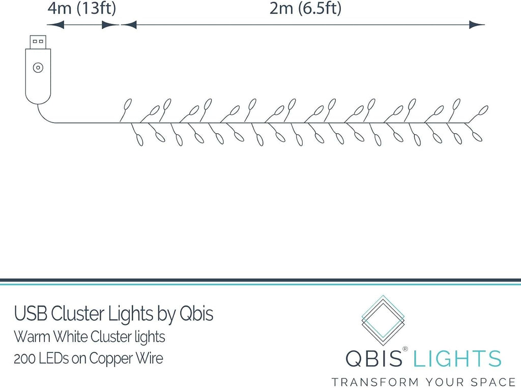 Qbis Warm White Cluster Lights on Thin Copper Wire, 200 Micro LED USB Plug in Christmas Fairy Lights, Timer, Multi Function, Memory, Brightness, Firecracker Light, Awesome bedroom or dorm lighting
