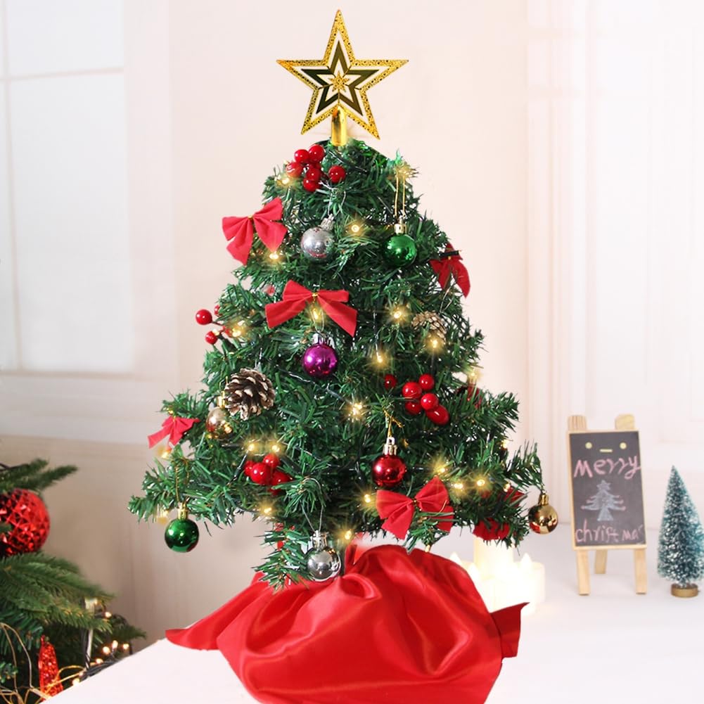 Juegoal 24 Inch Mini Christmas Tree Set, Table Top Artificial Christmas Trees with 50 LED Lights, Ornaments and Red Berries, Best DIY Christmas Decorations