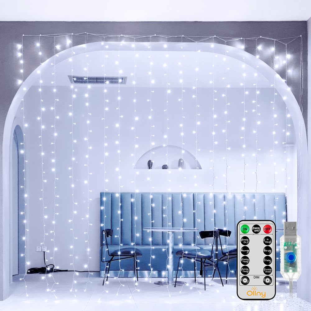 Ollny Curtain Lights 6.6x6.6ft, 200LED String Lights with Remote Warm White