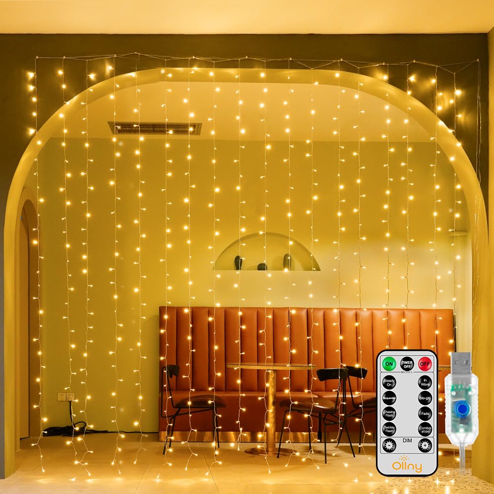 Ollny Curtain Lights 6.6x6.6ft, 200LED String Lights with Remote Warm White