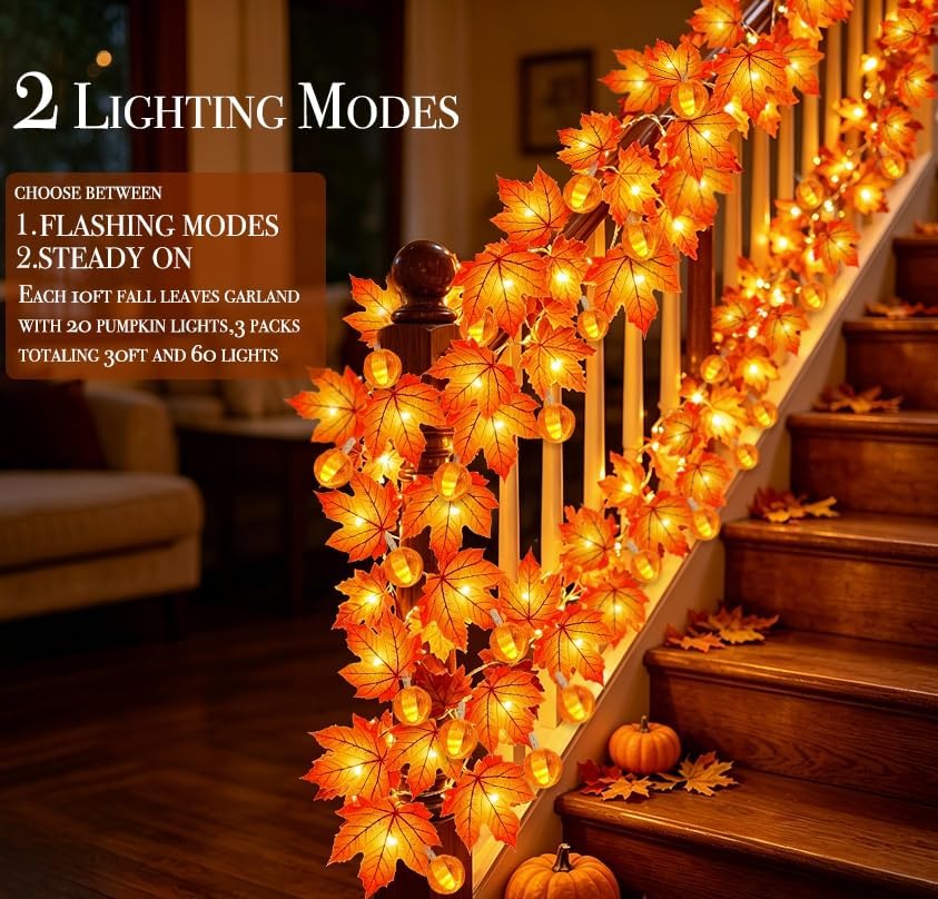 3 Pack Fall Garland with Pumpkin Lights Enlarged Maple Leaves 30Ft 60LED