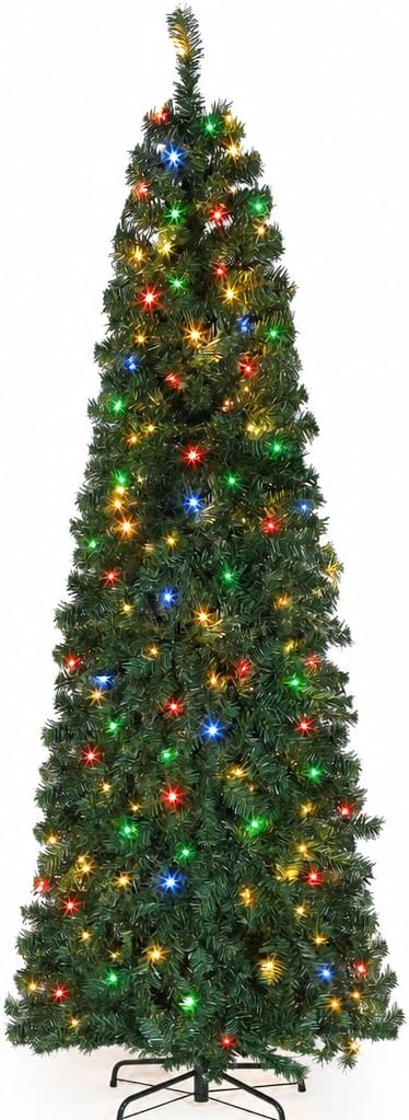 okicoler Christmas Tree, 6ft Pre-Lit Slim Pencil Fir Tree, 775 Branch Tips with 250 Multicolor LED Lights & 11 Lighting Modes, Metal Hinges, White Holiday Decoration for Corner