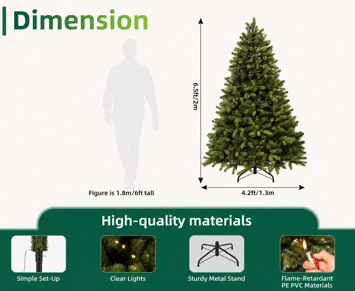6.5FT Pre-Lit Artificial Christmas Tree with 650 White Lights