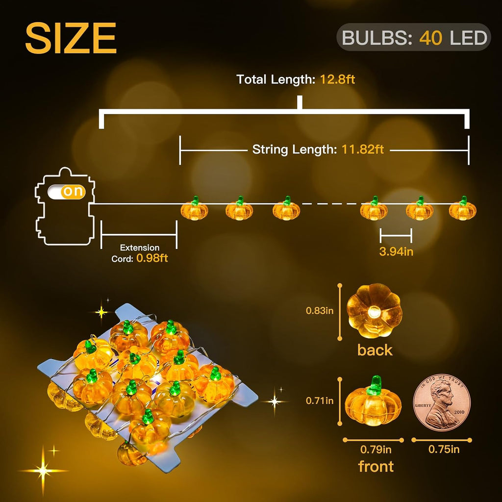 suddus 12.8ft 40 LED Halloween Pumpkin Lights Battery Operated Timer