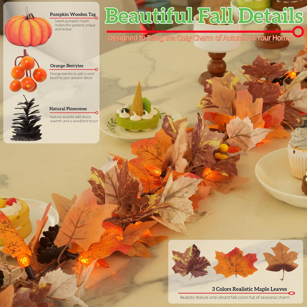 10Ft Lighted Fall Garland with Battery Operated C6 Orange Lights, Extra Long Maple Leaf Garland with Pumpkin Wood Signs, Pinecones & Yellow Berries, Thanksgiving Autumn Decor Indoor Outdoor