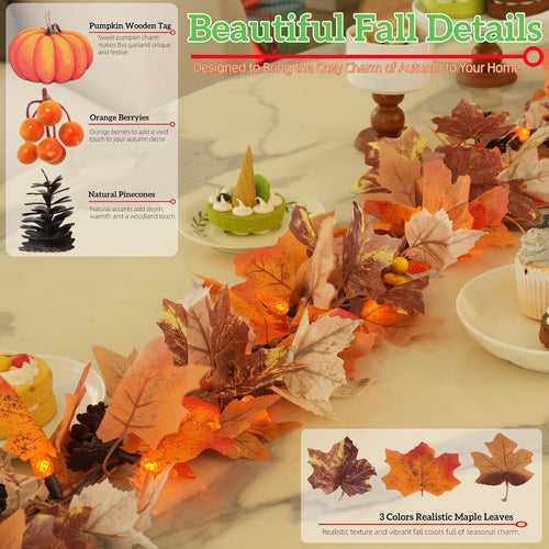 10Ft Lighted Fall Garland with Battery Operated C6 Orange Lights, Extra Long Maple Leaf Garland with Pumpkin Wood Signs, Pinecones & Yellow Berries, Thanksgiving Autumn Decor Indoor Outdoor