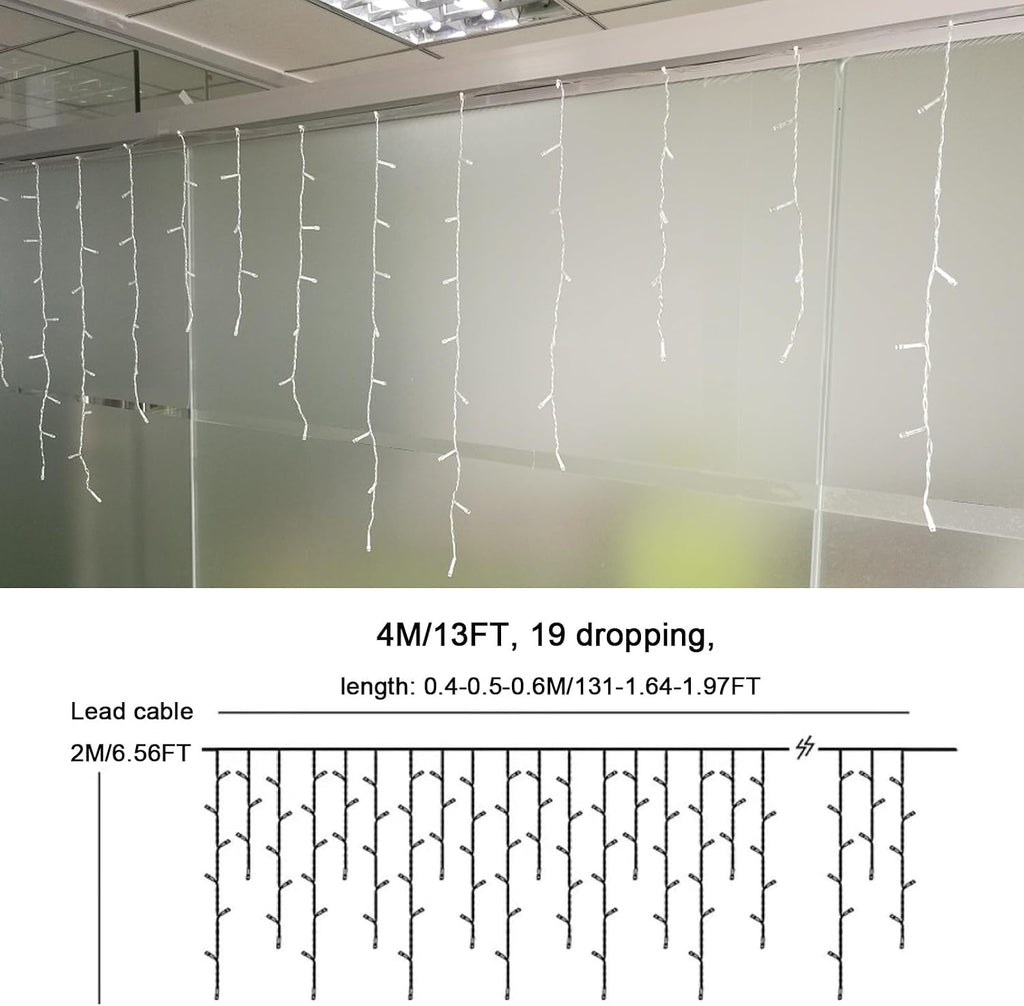 GTSYDING LED Icicle Lights, 96 LEDs 13FT 8 Modes Curtain Extendable Fairy Christmas Ceiling Dangling Hanging Twinkle Memory Lights for Outdoor Indoor Decorations (Warm White, 4M)