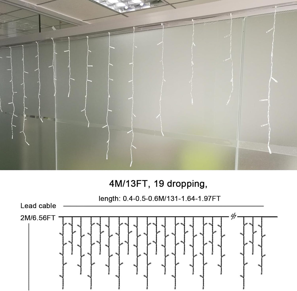 GTSYDING LED Icicle Lights, 96 LEDs 13FT 8 Modes Curtain Extendable Fairy Christmas Ceiling Dangling Hanging Twinkle Memory Lights for Outdoor Indoor Decorations (Warm White, 4M)