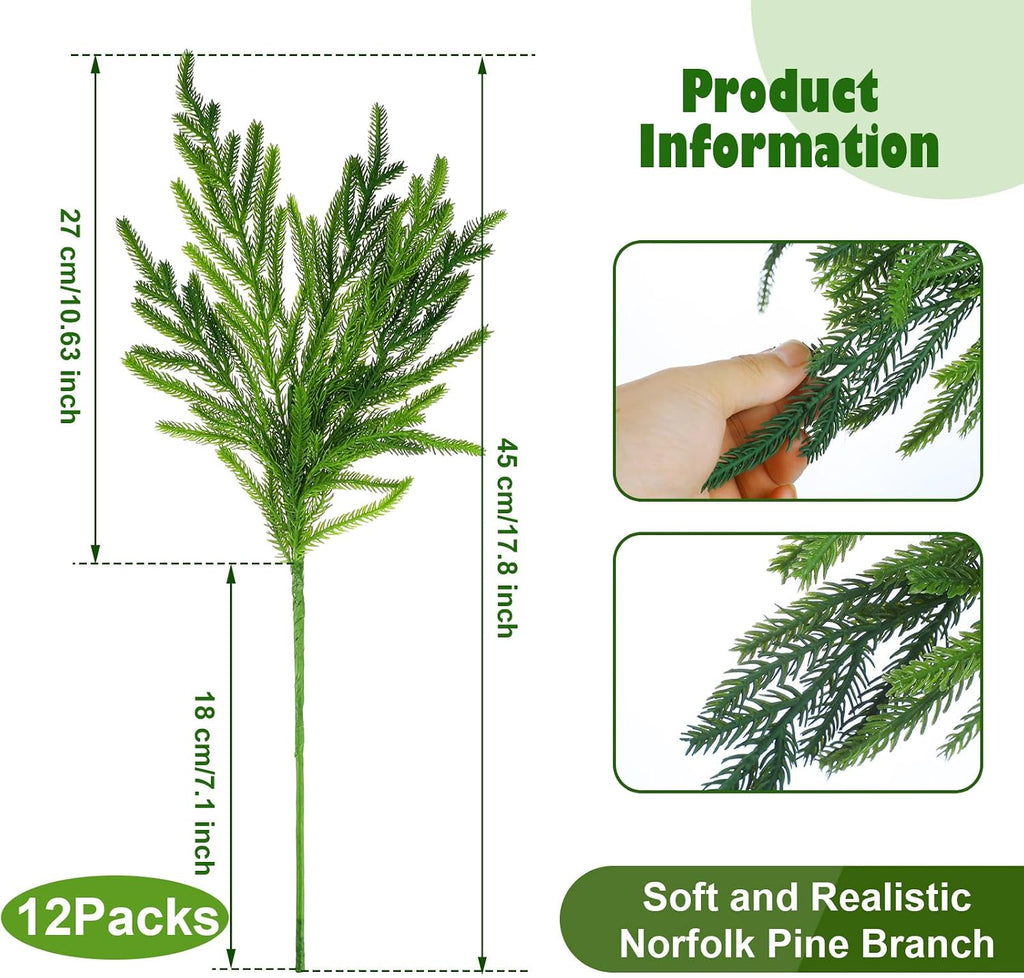 Jutom 12 Pcs Artificial Christmas Norfolk Pine Branches Stems, 18 Inches