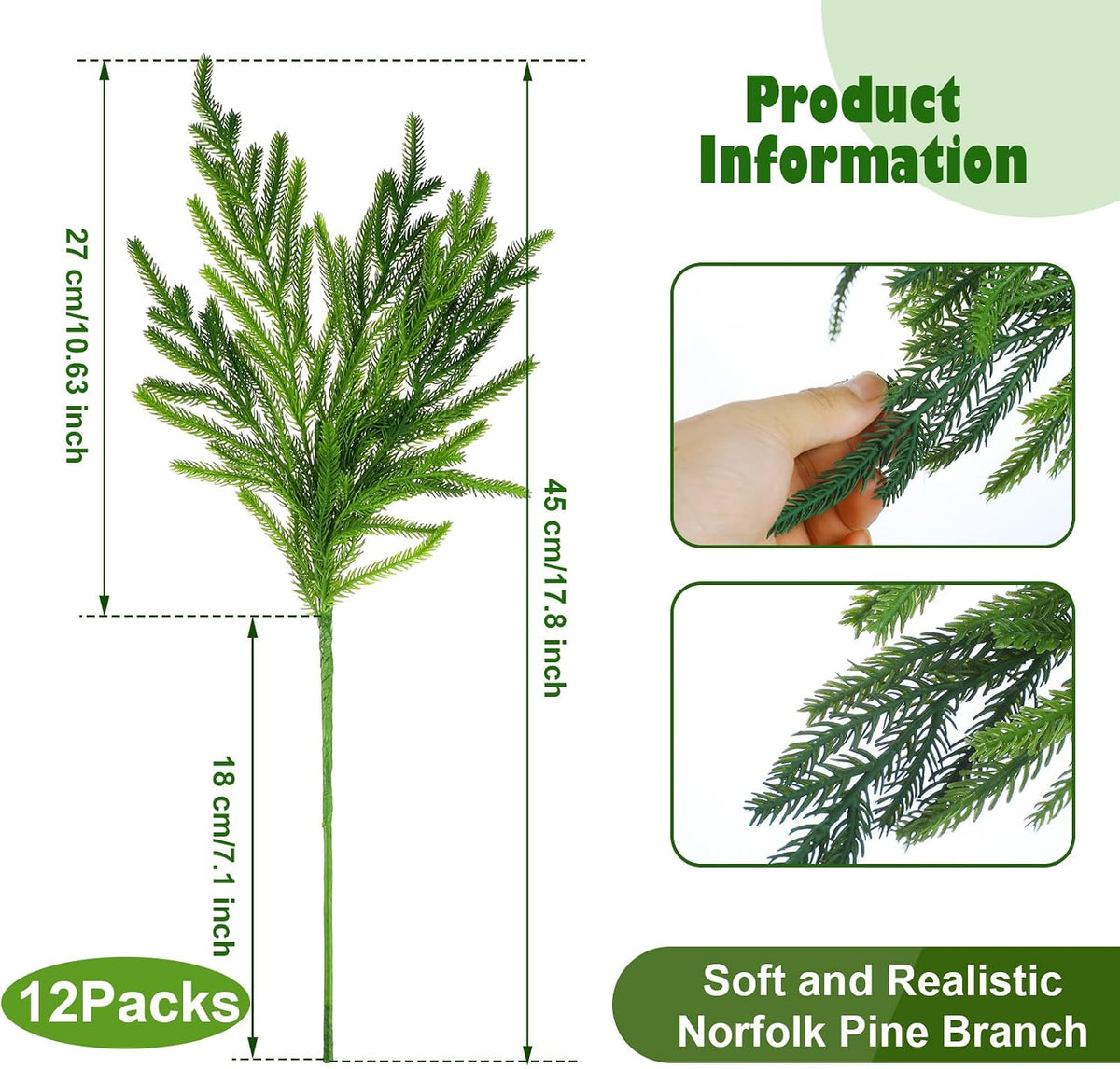 Jutom 12 Pcs Artificial Christmas Norfolk Pine Branches Stems, 18 Inches