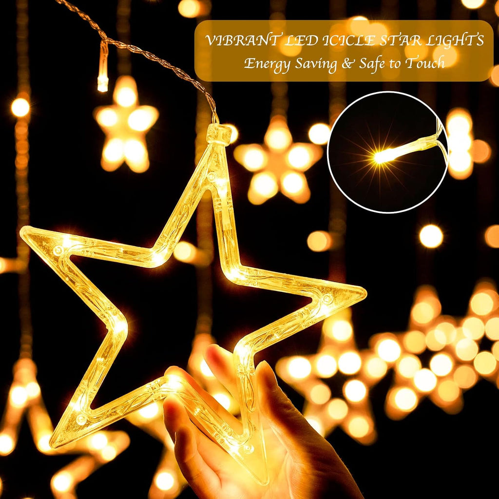 Star Curtain Lights for Bedroom - Plug-in 9ft 138 LED Fairy Twinkle Lights with 12 Star Drops, Connectable Window Lights with Remote 8 Lighting Modes for Indoor Xmas Ramadan Decoration, Warm White