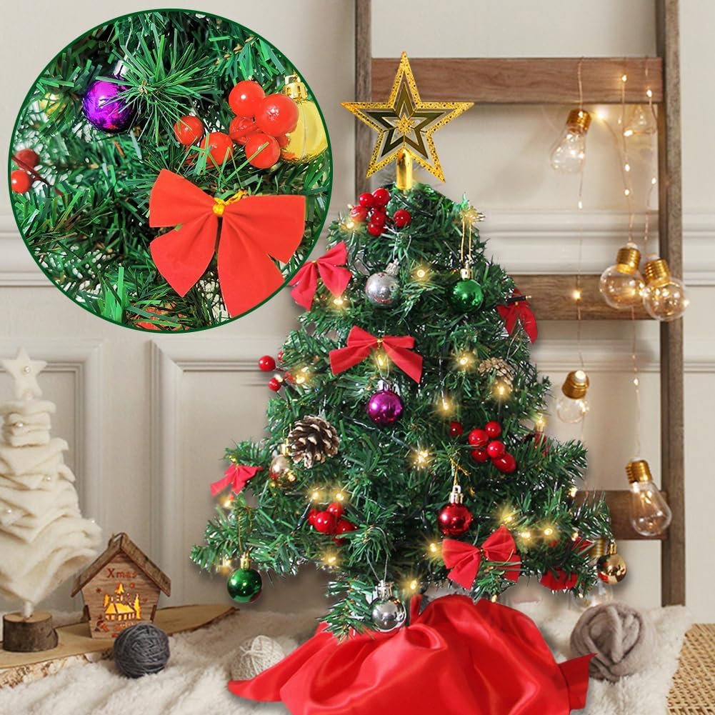 Juegoal 24 Inch Mini Christmas Tree Set, Table Top Artificial Christmas Trees with 50 LED Lights, Ornaments and Red Berries, Best DIY Christmas Decorations