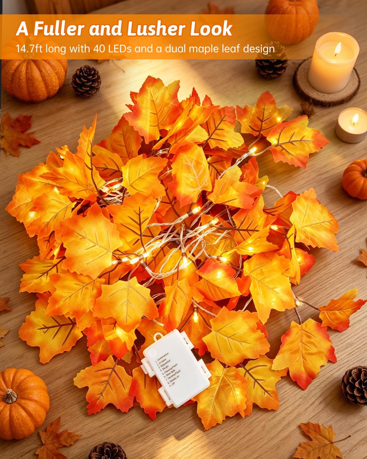 8 Modes & Timer Fall Decor Garland with Lights, 14.7ft/40LED String Lights