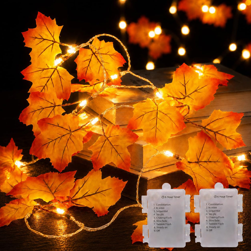 Fall Garland with Lights, Autumn Maple Leaf Lights, Fall Decor 14.7FT 40LED