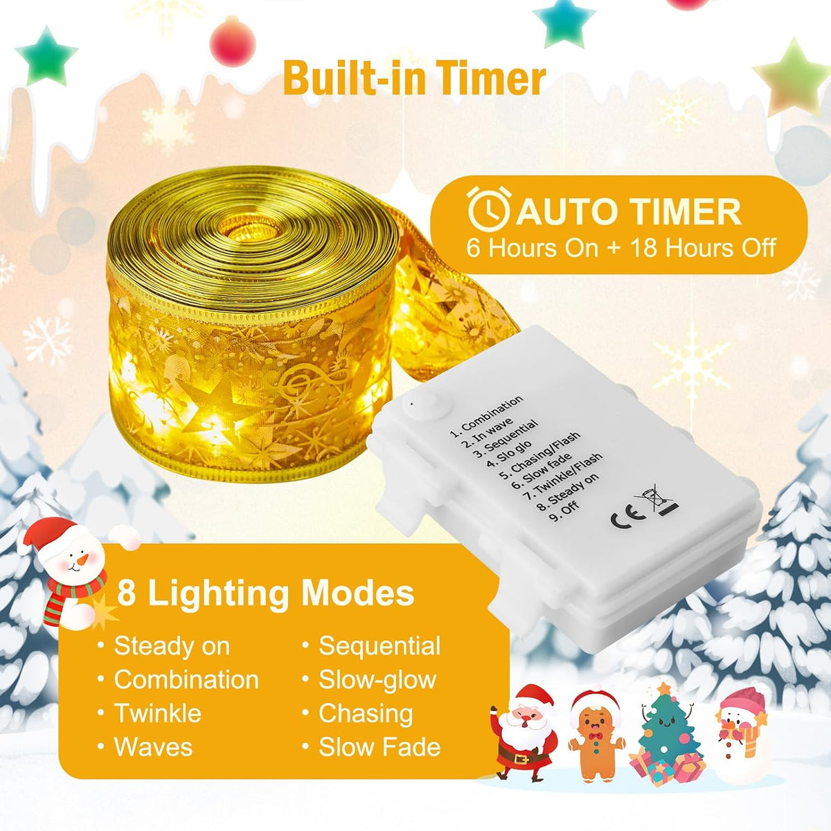 2 Pack Christmas Tree Ribbon String Lights - 33ft 100 LED Battery Powered Fairy Lights with Timer and 8 Lighting Modes, Christmas Ribbon Bows Lights for 6ft - 8ft Christmas Tree New Year Decor, Gold