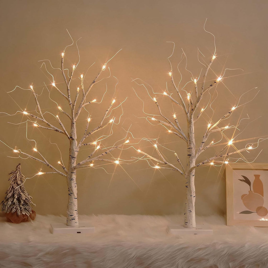 White Birch Tree with LED Lights, Lighted Birch Tree for Tabletop, USB/Battery Operated 24 LED Warm White Tree, 2FT Mini Christmas Tree Decor for Indoor Home Christmas Decorations (2 Pack, Timer)
