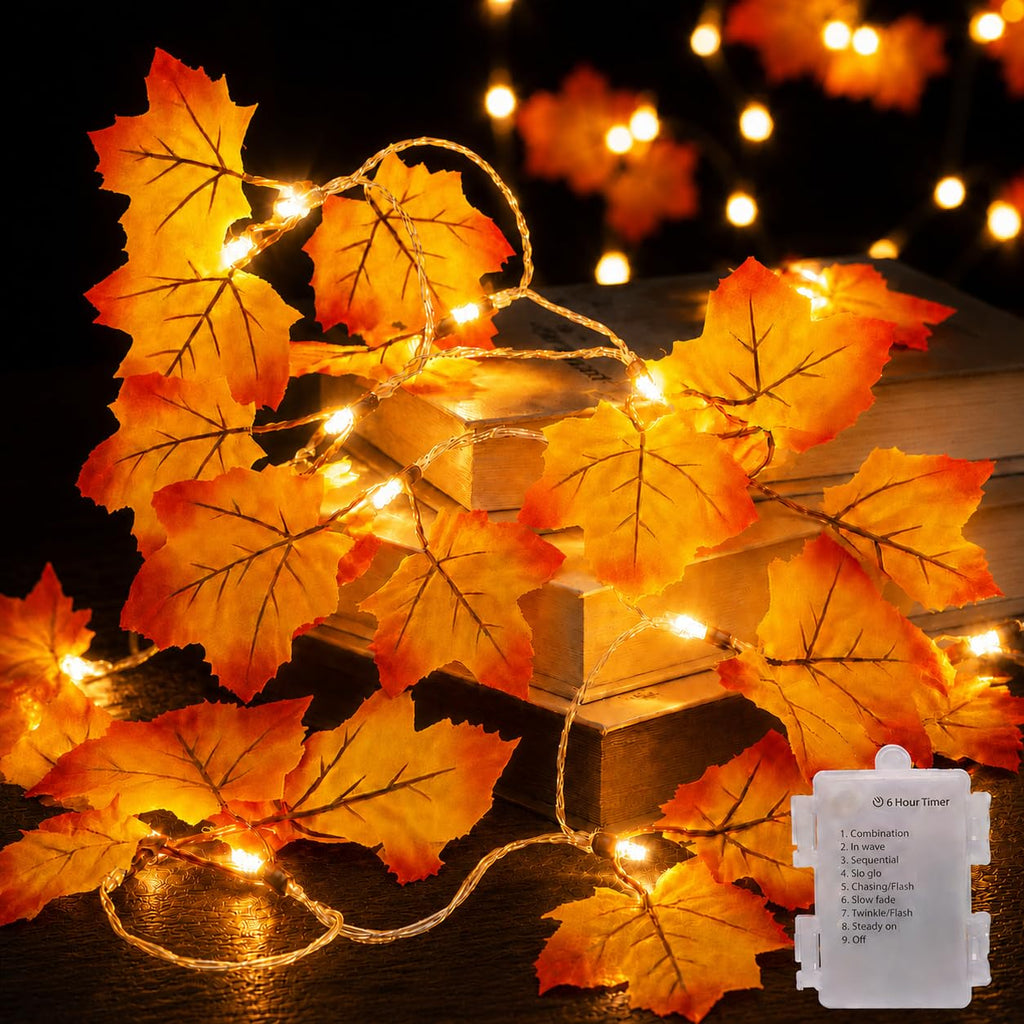 Fall Garland with Lights, Autumn Maple Leaf Lights, Fall Decor 14.7FT 40LED