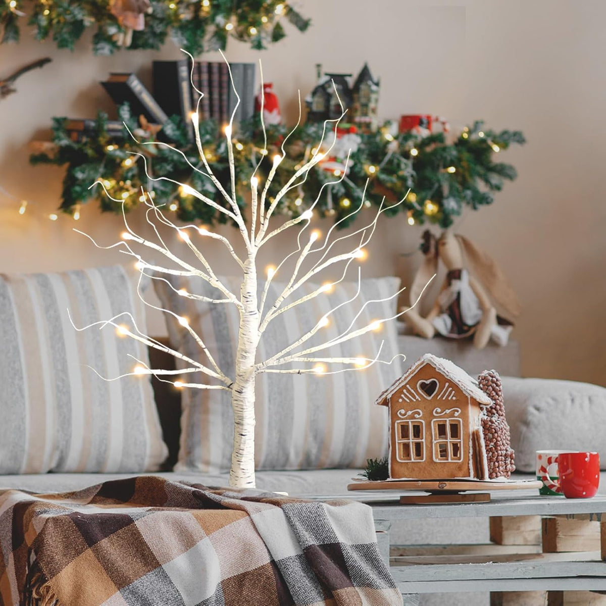 White Birch Tree with LED Lights, Lighted Birch Tree for Tabletop, USB/Battery Operated 24 LED Warm White Tree, 2FT Mini Christmas Tree Decor for Indoor Home Christmas Decorations (2 Pack, Timer)
