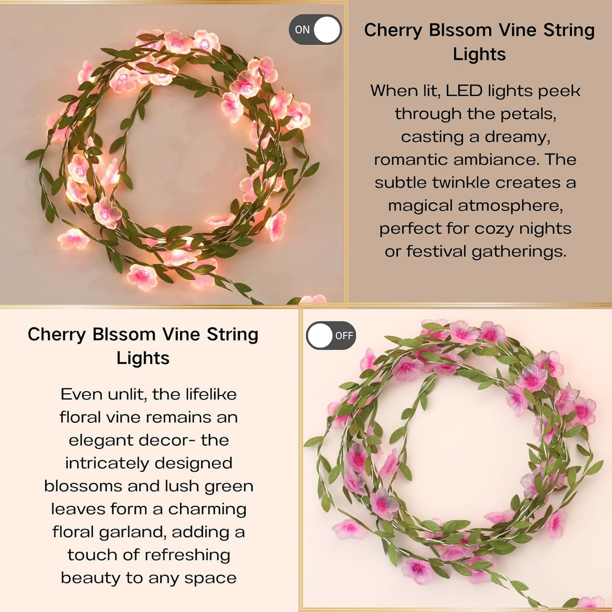Cherry Blossom Vine Lights 13ft 40 LED Fairy Lights with Remote & Timer