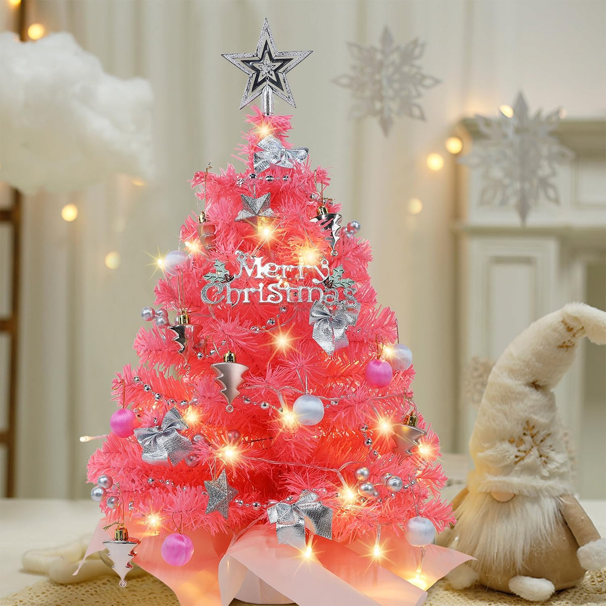 Juegoal 24 Inch Mini Christmas Tree Set, Table Top Artificial Christmas Trees with 50 LED Lights, Ornaments and Red Berries, Best DIY Christmas Decorations