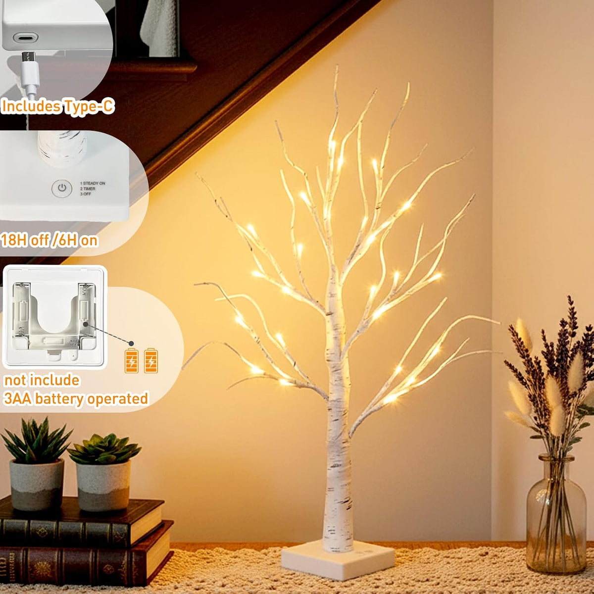 EAMBRITE Lighted Birch Tree Home Decor, Christmas Decorations Indoor 2Pack 24 LED Light Up Tabletop Mini Small Artificial White Trees Lamp with Lights Battery Operated/USB for Table Mantel (2FT)