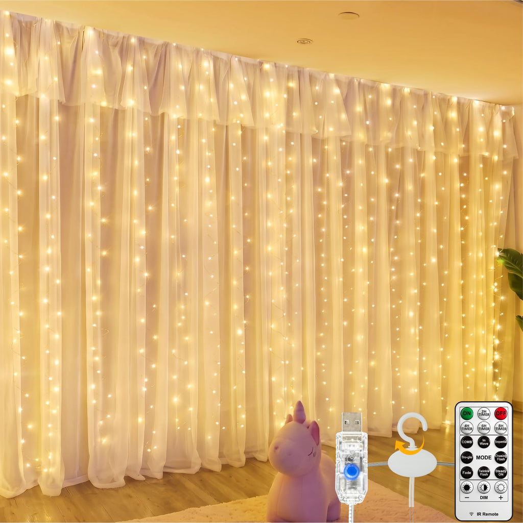 Fairy Curtain Light, 300LED 9.8x9.8ft, Remote & 8 Modes, USB