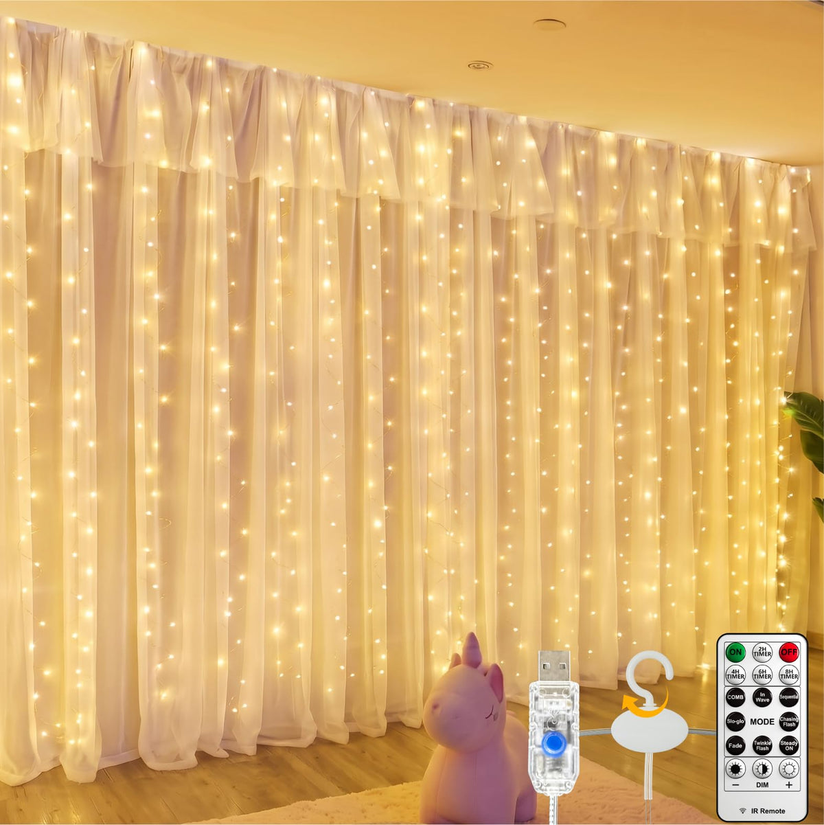 Fairy Curtain Light, 300LED 9.8x9.8ft, Remote & 8 Modes, USB