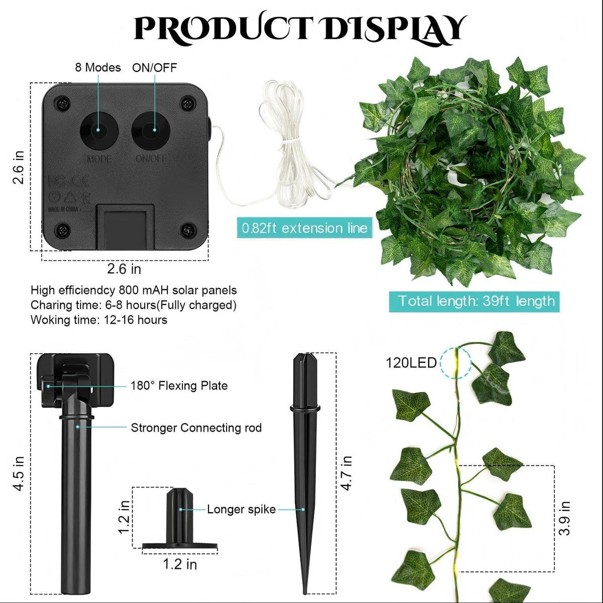 A.bigwhale Outdoor Solar Fairy Lights, 39.3ft Ivy Fairy Lights with 120 LED String Lights, Solar Vine Lights Outdoor Weatherproof, 8 Modes Leaf Light for Garden, Balcony, Patio, Room Decoration