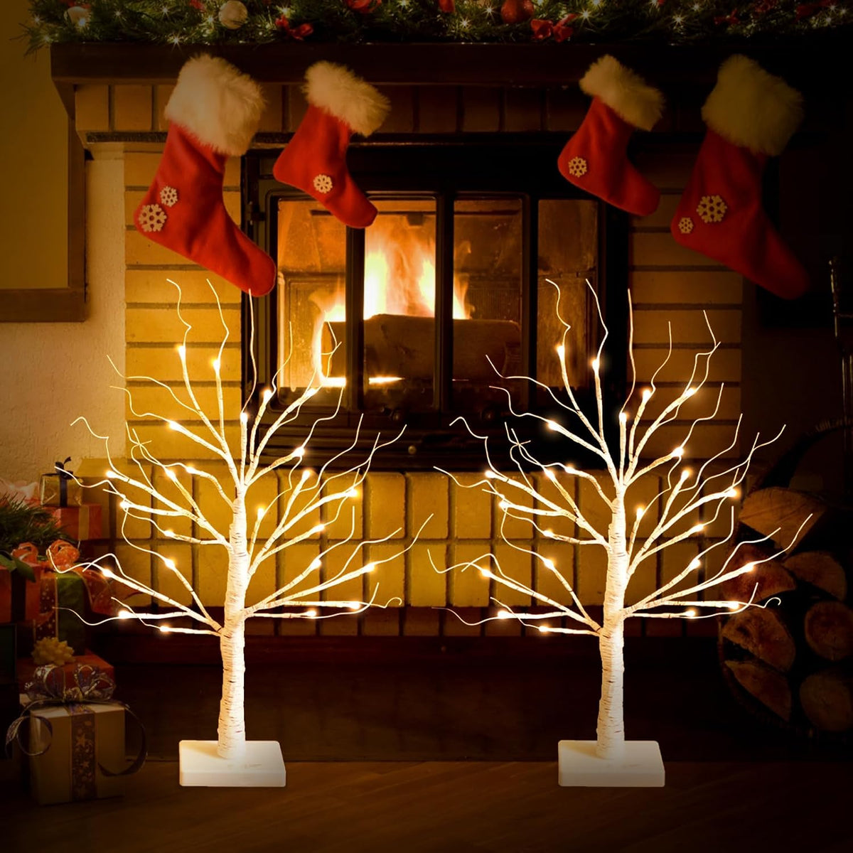 White Birch Tree with LED Lights, Lighted Birch Tree for Tabletop, USB/Battery Operated 24 LED Warm White Tree, 2FT Mini Christmas Tree Decor for Indoor Home Christmas Decorations (2 Pack, Timer)