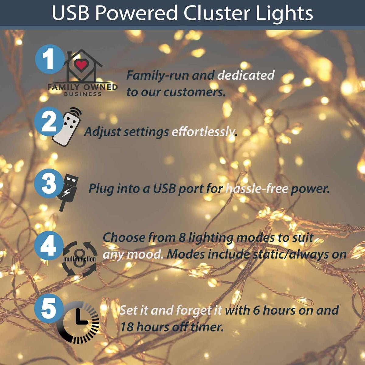Qbis Warm White Cluster Lights on Thin Copper Wire, 200 Micro LED USB Plug in Christmas Fairy Lights, Timer, Multi Function, Memory, Brightness, Firecracker Light, Awesome bedroom or dorm lighting