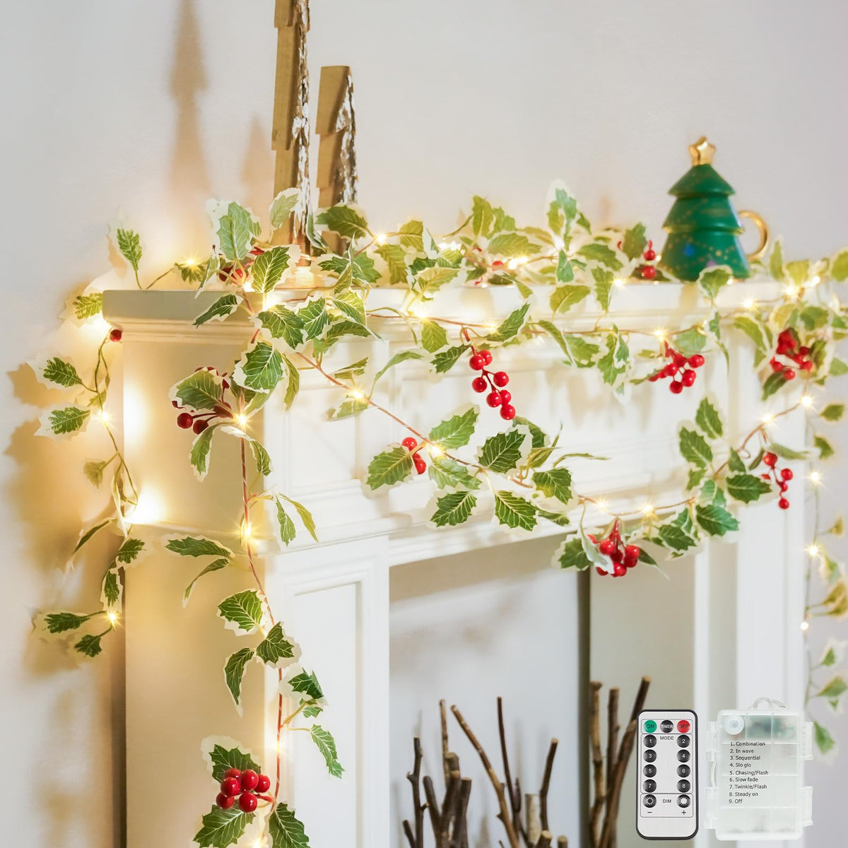 suddus 60LED Garland with White Camellia Lights Battery Operated Clear Wire