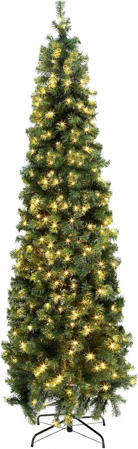 Okicoler Pre-Lit Pencil Artificial Holiday Slim Christmas Tree with Warm Lights and Metal Base Stand for Home, Office, Party Decoration,Green (6.5ft)