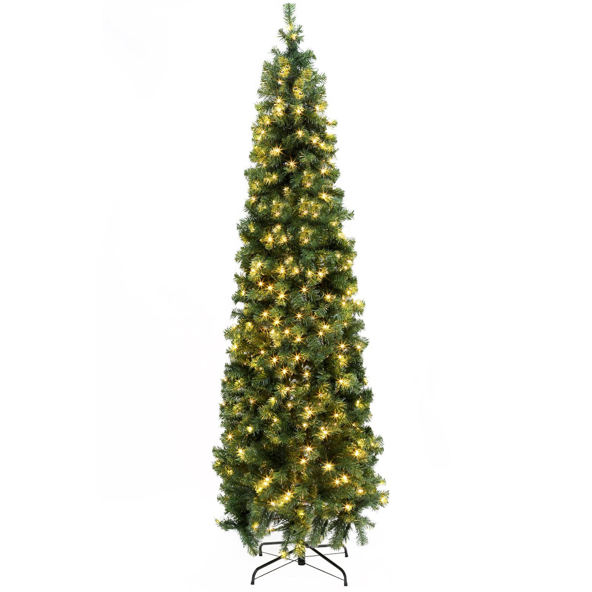 Okicoler Pre-Lit Pencil Artificial Holiday Slim Christmas Tree with Warm Lights and Metal Base Stand for Home, Office, Party Decoration,Green (6.5ft)