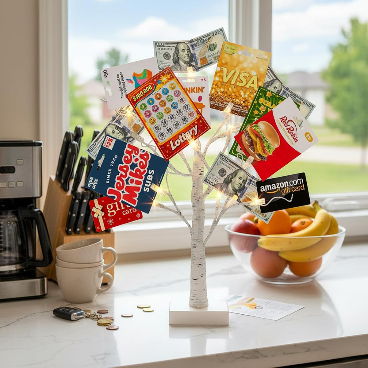 Vanthylit Money Tree Gift Holder, Lighted Tabletop Birch Tree with Clips and Greeting Cards, Photo Decorations for Birthday Wedding Christmas Graduation Gifts(24 LED Warm White)