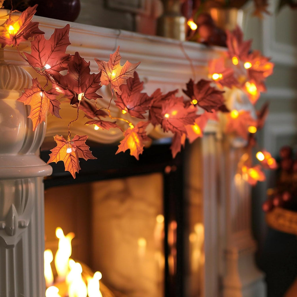 Dazzle Bright 2 Pack Thanksgiving Maple Leaf String Lights, Total 20FT 40 LED Battery Operated Lighted Fall Leaves Garland, Halloween Decorations for Indoor Outdoor Autumn Harvest Decor