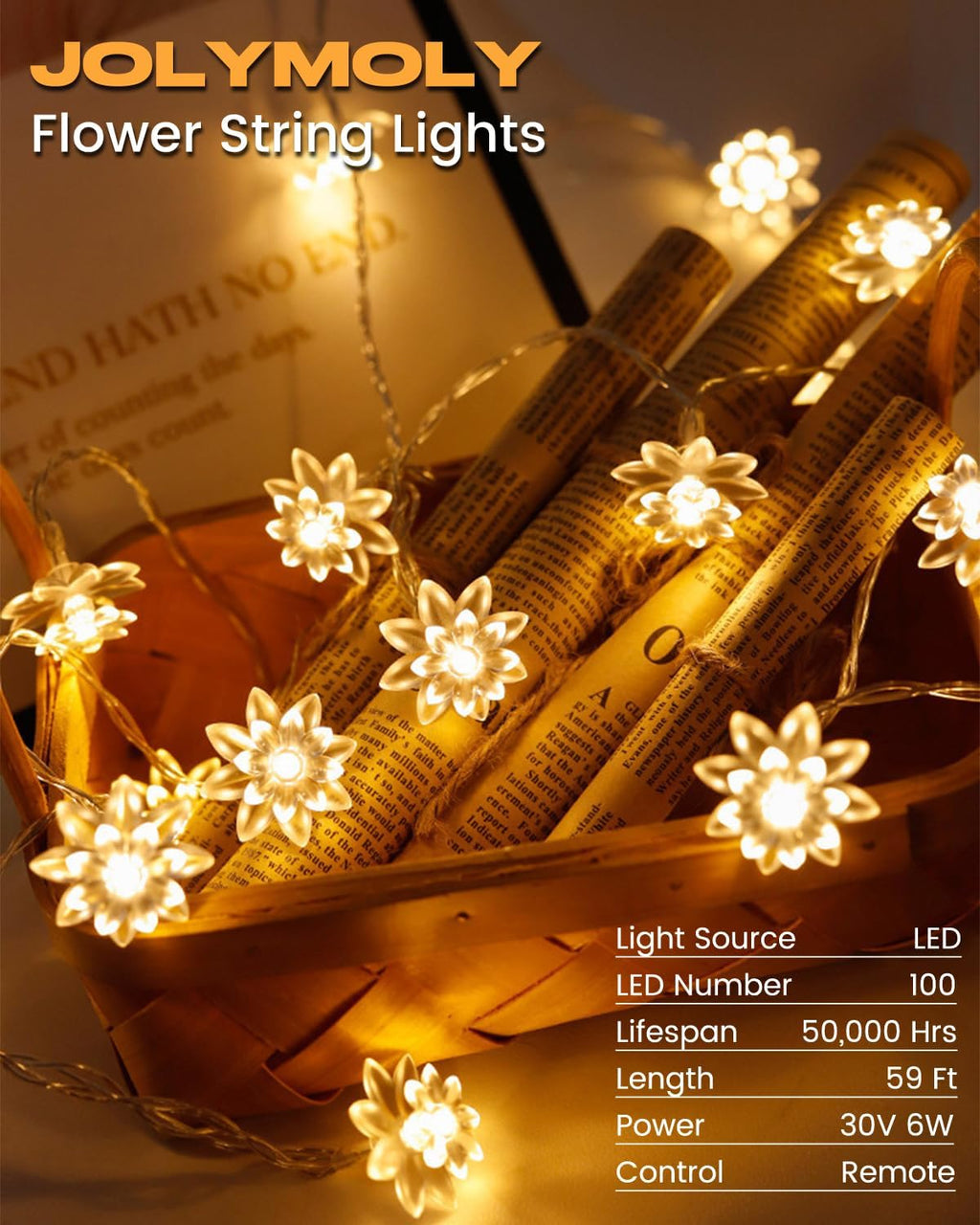 JOLYMOLY 59 Ft 100 LED Flower Fairy Lights with Remote Timer, Plug in Connectable Twinkle Lights with Soft Flowers for Bedroom Wedding Dorm Indoor Outdoor Decor, Warm White