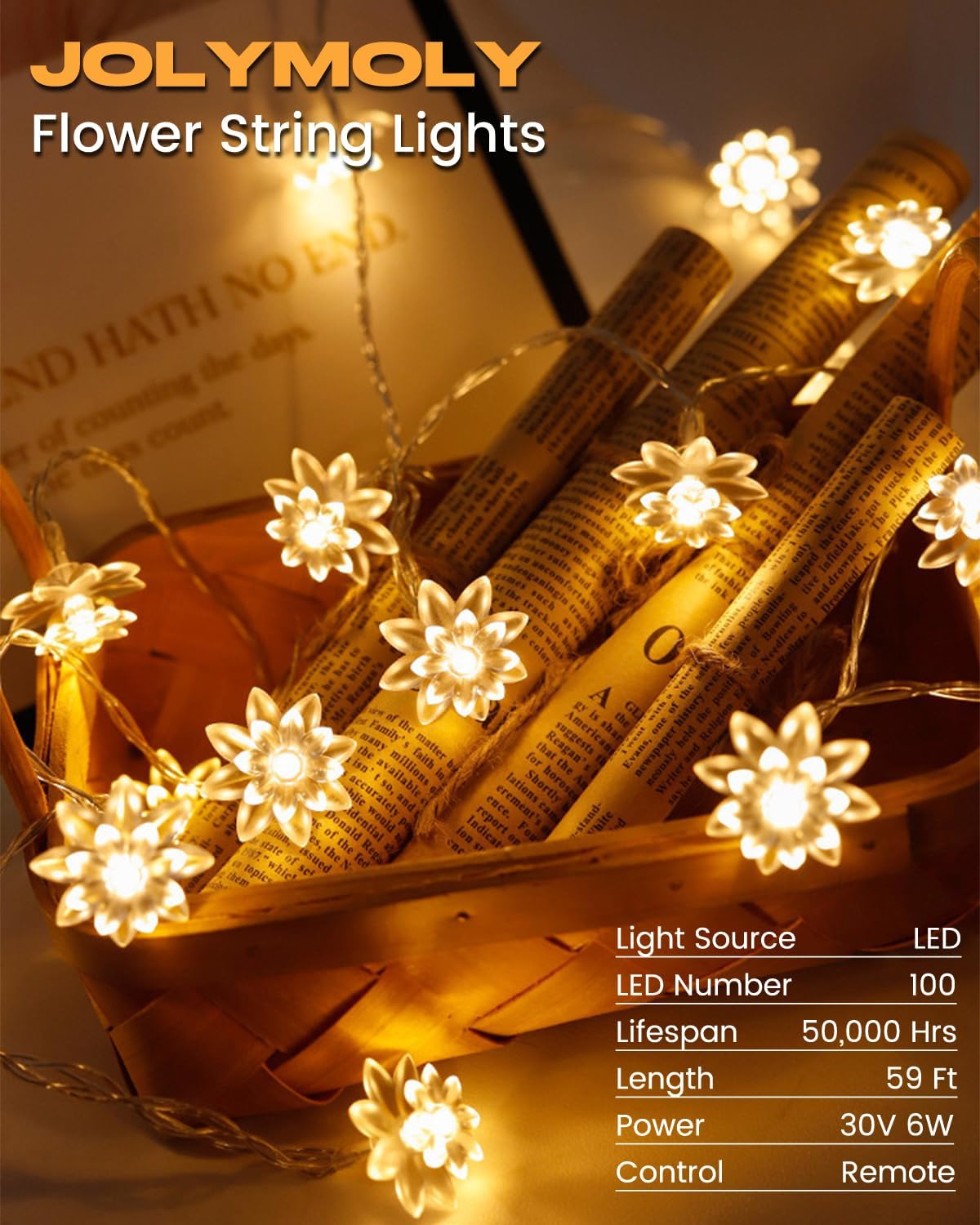 JOLYMOLY 59 Ft 100 LED Flower Fairy Lights with Remote Timer, Plug in Connectable Twinkle Lights with Soft Flowers for Bedroom Wedding Dorm Indoor Outdoor Decor, Warm White