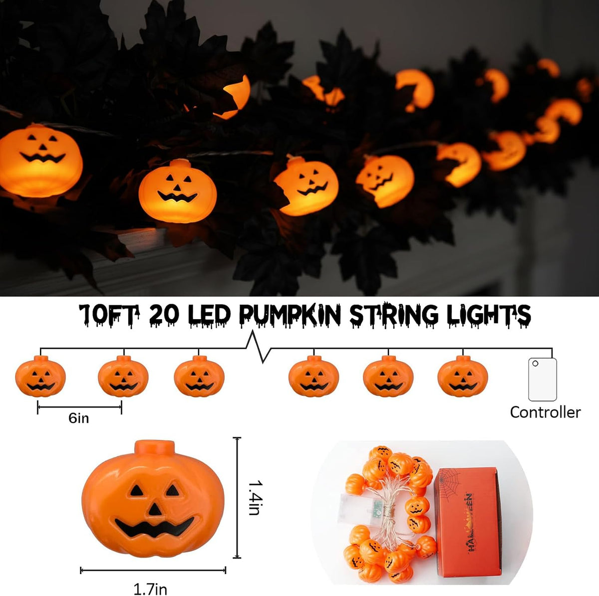 Runleo Halloween Decorations Pumpkin String Lights Battery Operated
