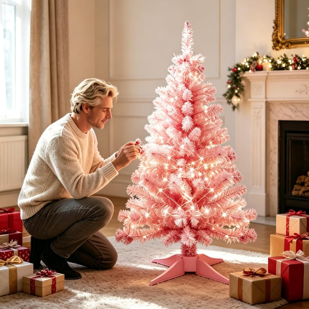 3FT Pink Mini Christmas Tree with Lights - Hinged Small Artificial Xmas Tree - Includes 50 LED String Light, 160 Tips Dense Branches & Detachable Stand - Pink Christmas Decoration Tree for Holiday