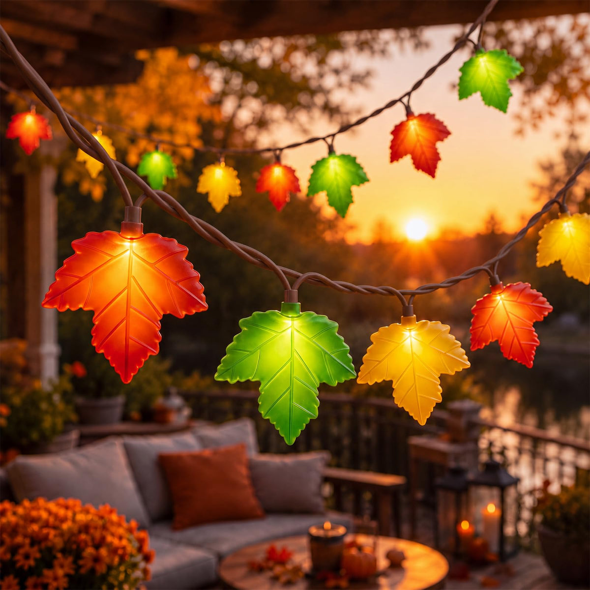 Oviejo Thanksgiving Day Tricolor Maple Leaf String Light with 10 LED Bulbs, 8.5Ft Plug in Multi-Color Fall Lights for Autumn Thanksgiving Day Halloween Christmas Home Decor, Black Wire