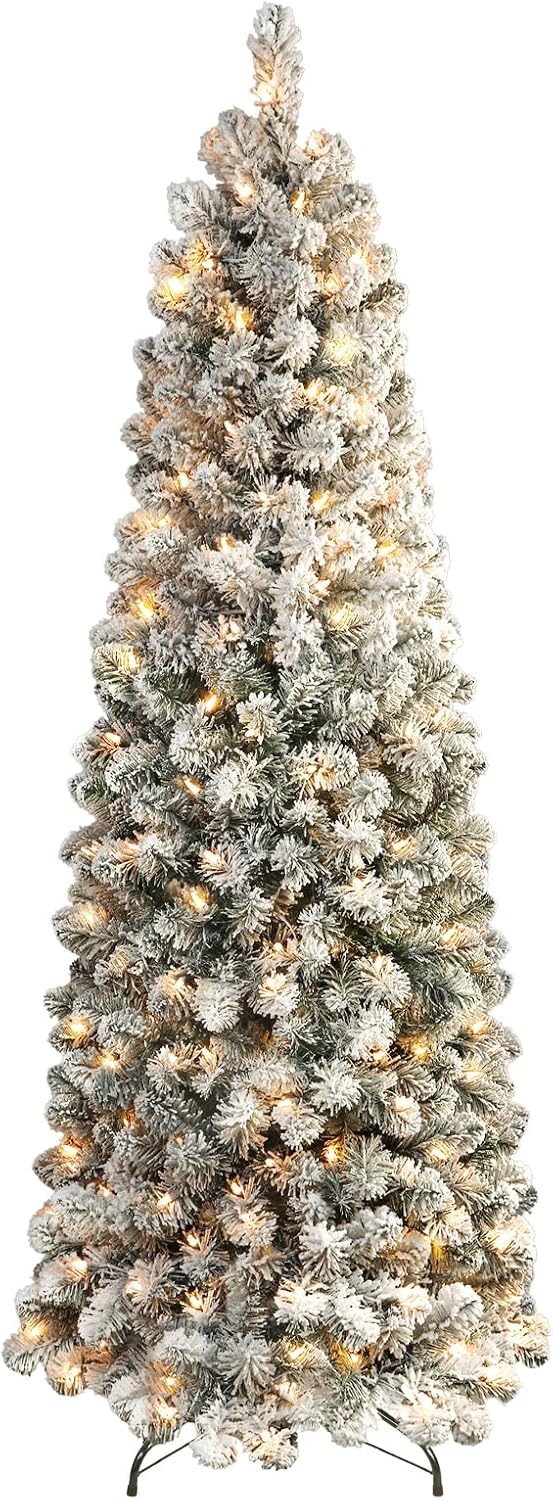 SHareconn 7ft Prelit Snow Flocked Artificial Slim Pencil Christmas Tree