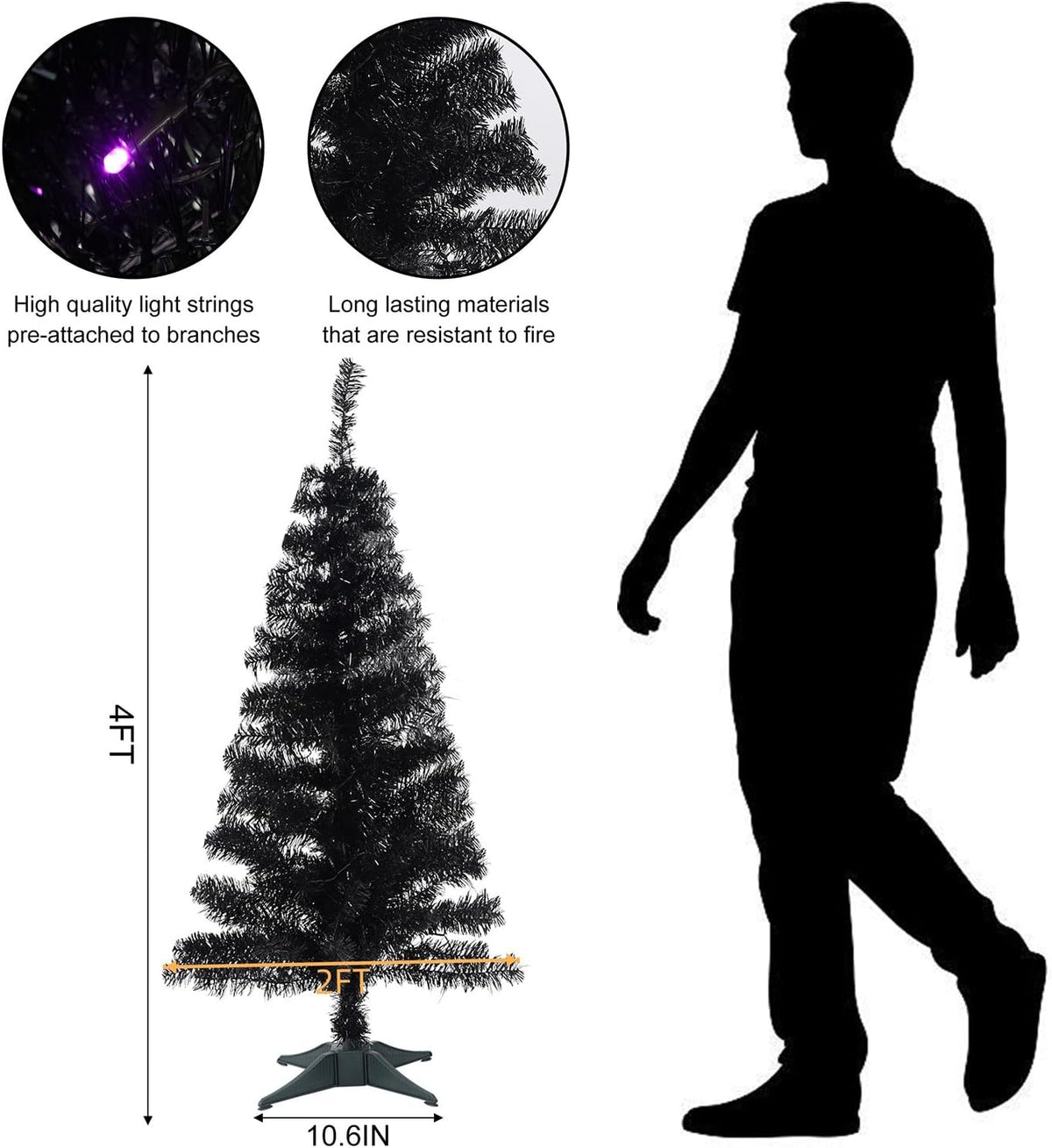 Juegoal Lighted Artificial Halloween Black Christmas Tree, 4FT Black Tinsel Pine Tree with 70 LED Purple Lights, 8 Modes & Timer for Home Party Decorations
