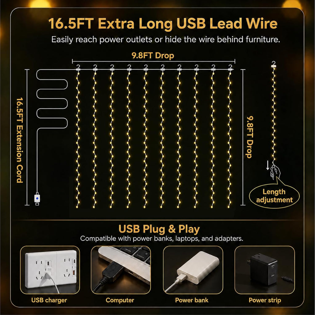 Fairy Curtain Light, 300LED 9.8x9.8ft, Remote & 8 Modes, USB