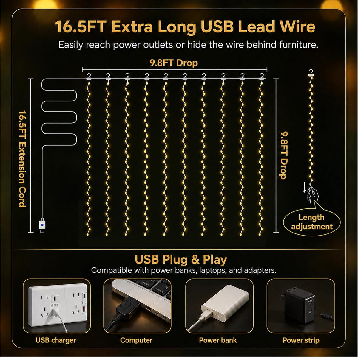 Fairy Curtain Light, 300LED 9.8x9.8ft, Remote & 8 Modes, USB