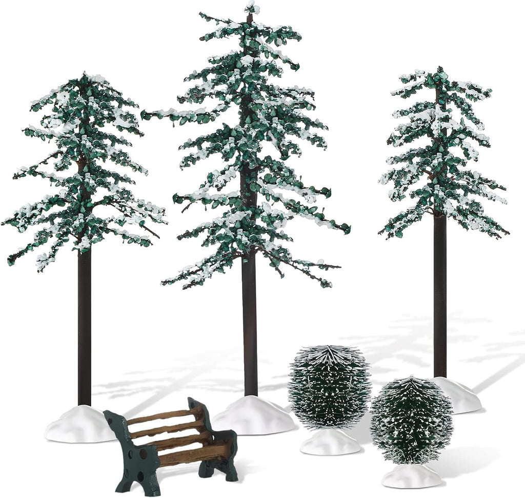 Dingion 6 Pcs Christmas Village Accessories Snow Pine Trees Display