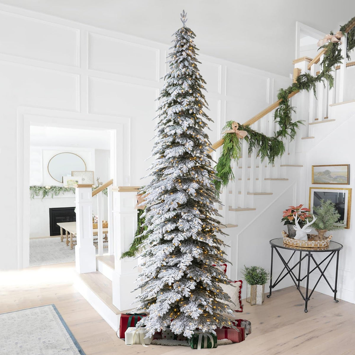 Glitzhome 7.5ft Prelit Christmas Tree, Artificial Christmas Tree with 350 Warm White Lights, Flocked Pencil Christmas Trees Chicago Frostwood Spruce with 1,211 PE&PVC Branch Tips,Sturdy Metal Stand