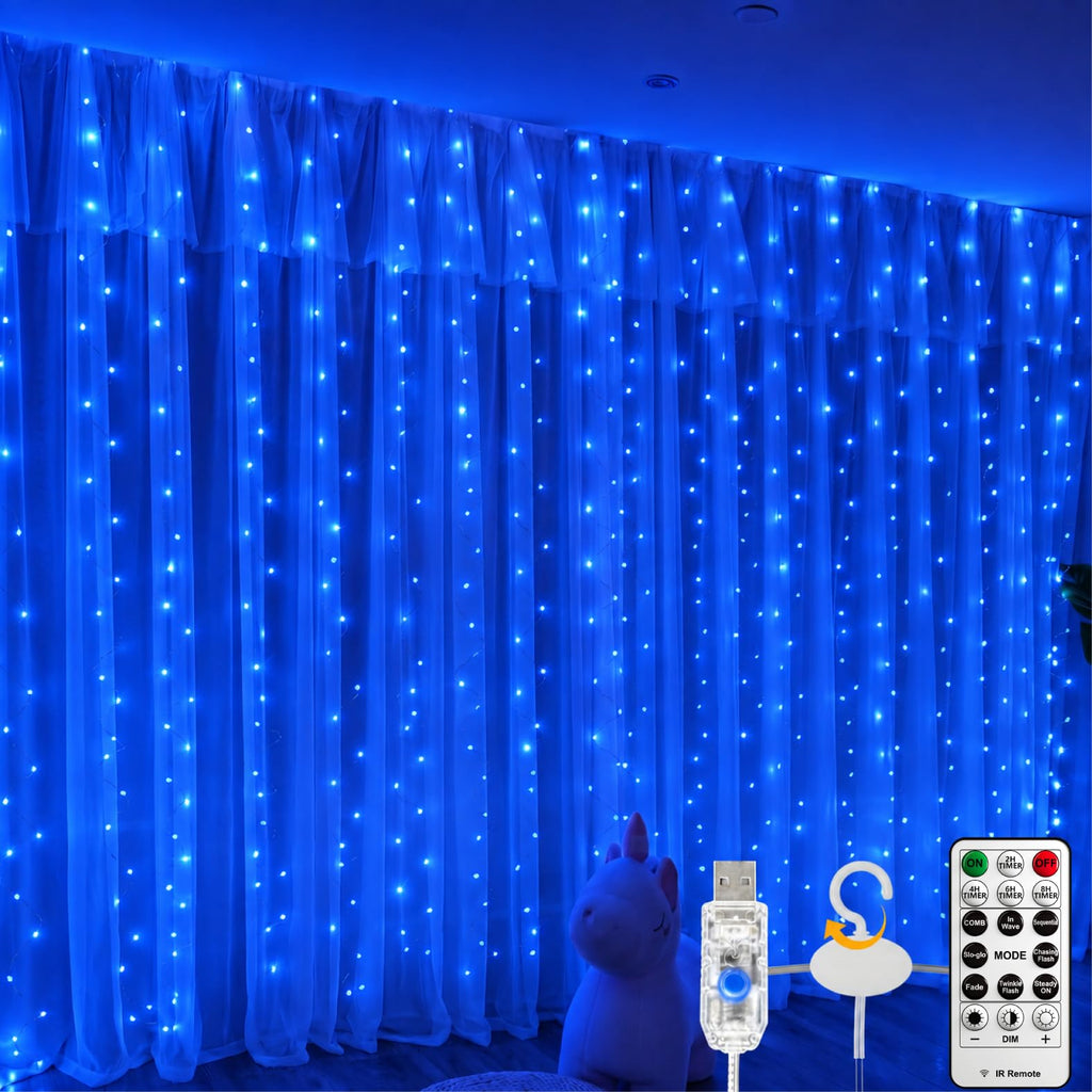 Fairy Curtain Light, 300LED 9.8x9.8ft, Remote & 8 Modes, USB