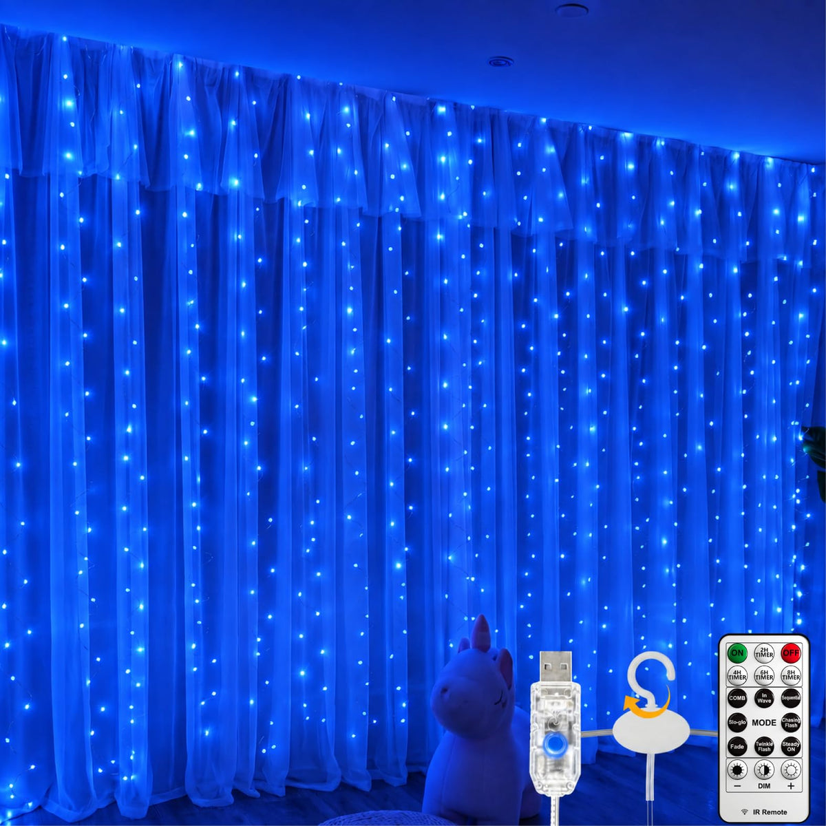 Fairy Curtain Light, 300LED 9.8x9.8ft, Remote & 8 Modes, USB