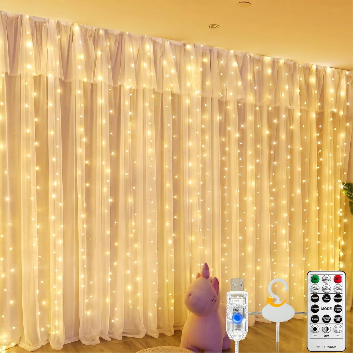 Fairy Curtain Light, 300LED 9.8x9.8ft, Remote & 8 Modes, USB